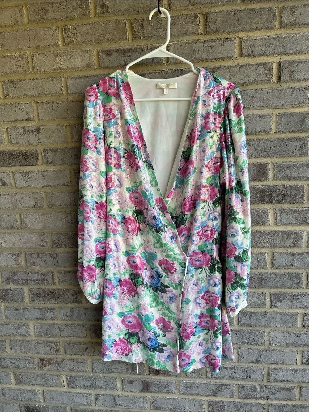 WAYF Loretta White Sequin Floral Print Long Sleeve Wrap Dress Size Small - Picture 2 of 7
